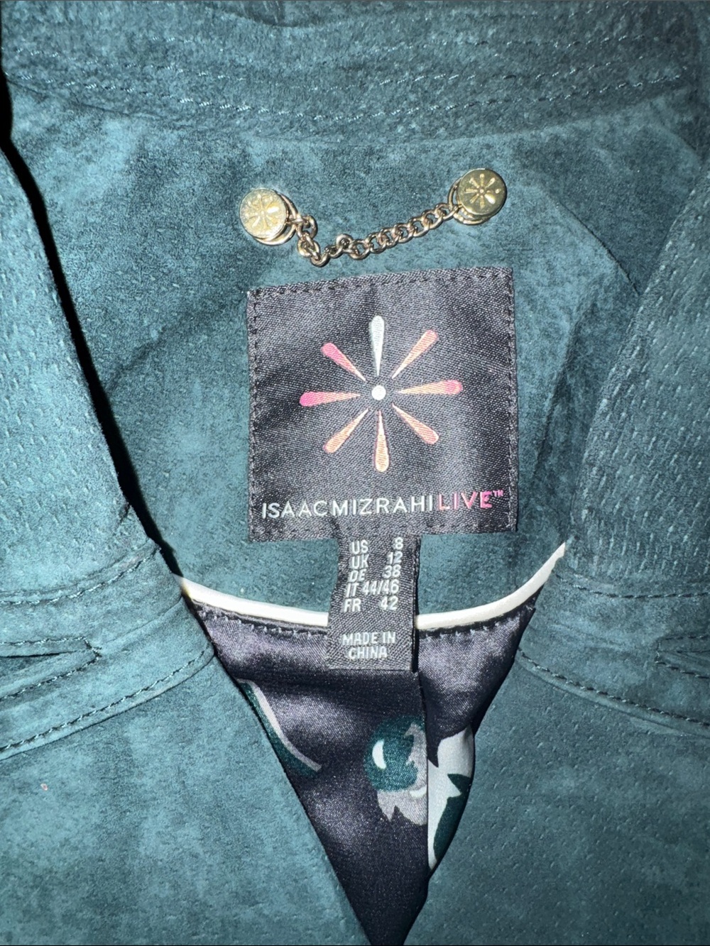 Isaac Mizrahi Emerald Suede Jacket with Gold Chain Detail - Picture 2 of 5